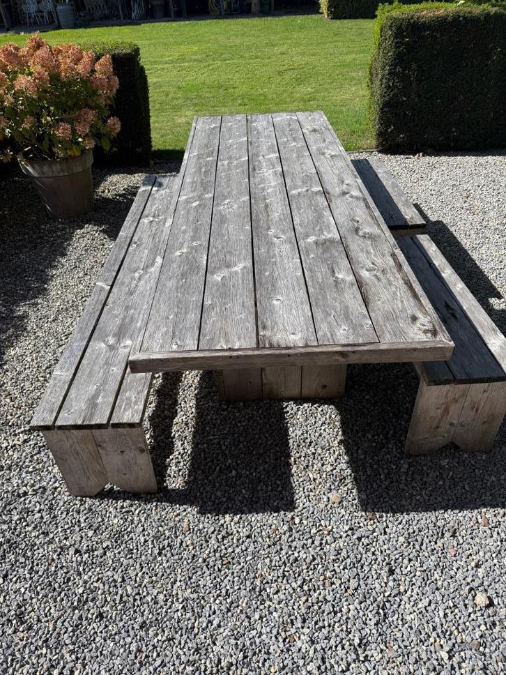 Grote steigerhouten tafel met banken. 310x106x78cm, Tuin en Terras, Tuintafels, Gebruikt, Rechthoekig, Hout, Ophalen