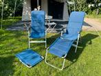 Twee vrijbuiter camping stoelen voetenbank standenstelsel, Campingstoel, Zo goed als nieuw