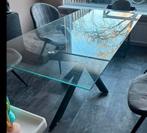 Glas tafel met ijzer kruispoot onderstel, Huis en Inrichting, Tafels | Eettafels, Glas, Vijf personen of meer, Rechthoekig, 50 tot 100 cm