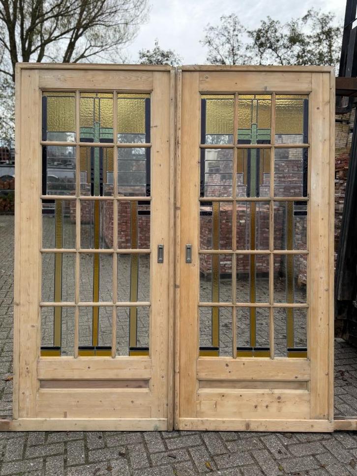 Set schuif / en-suite deuren met glas in lood 212x185cm., Antiek en Kunst, Curiosa en Brocante, Ophalen