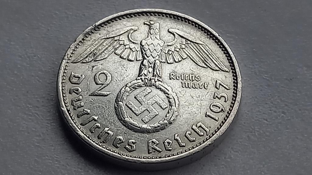 WO2 2 Reichsmark 1937F zilver nazi duitsland., Ophalen of Verzenden, Duitsland, Losse munt, Zilver