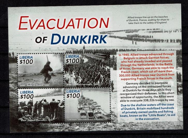 LIBERIA PF BLOK DUINKERK WO2 OORLOG MILITAIRISME, Postzegels en Munten, Postzegels | Thematische zegels, Postfris, Overige thema's