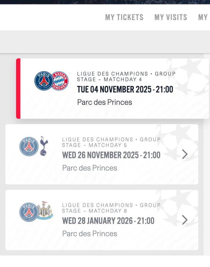 UEFA Champions League Tickets--PSG Home matches, Tickets en Kaartjes, Sport | Voetbal, Eén persoon, Overige typen, Buitenland