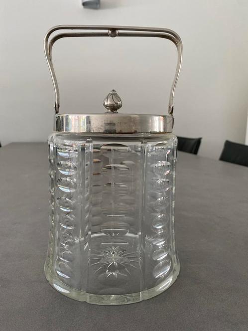 Antieke Glazen Koekjestrommel met Verzilverd Hengsel, Antiek en Kunst, Antiek | Glas en Kristal, Ophalen of Verzenden