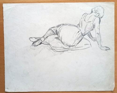 A493-28 Blad met 2 oude tekeningen vrouw op kussen, Antiek en Kunst, Kunst | Tekeningen en Foto's, Ophalen of Verzenden
