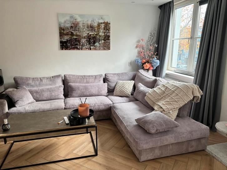 Ribstof loungebank in de kleur lichtgrijs, Huis en Inrichting, Banken | Complete zithoeken, Gebruikt, Stof, Ophalen of Verzenden