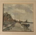 Aquarel Toon Koster. Hollandse rivier met haven en molen., Ophalen of Verzenden