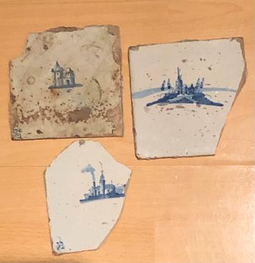 3x Oude Delftse Tegel Fragmenten beschikbaar voor biedingen