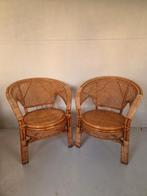 Een paar vintage boho stijl rotan webbing fauteuils., Huis en Inrichting, Ophalen, Gebruikt, Twee, Bruin