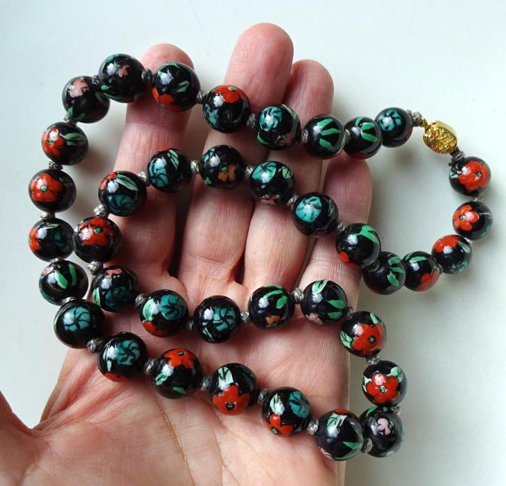 Vintage Chinese aardewerk kralen ketting: handbeschilderd, Sieraden, Tassen en Uiterlijk, Antieke sieraden, Ketting, Overige materialen