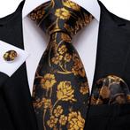 100% zijden stropdas pochet manchetknopen Goud Zwart -NIEUW-, Nieuw, Met patroon, Ophalen of Verzenden, Zwart