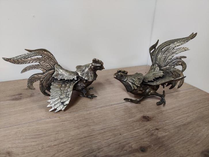 Bronzen 'kemphanen' beelden - set van 2, Antiek en Kunst, Antiek | Koper en Brons, Brons, Ophalen of Verzenden