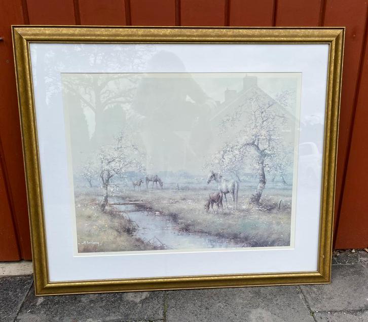 A. Buikema werk print litho ingelijst goudkleurig lijst, Antiek en Kunst, Kunst | Tekeningen en Foto's, Ophalen