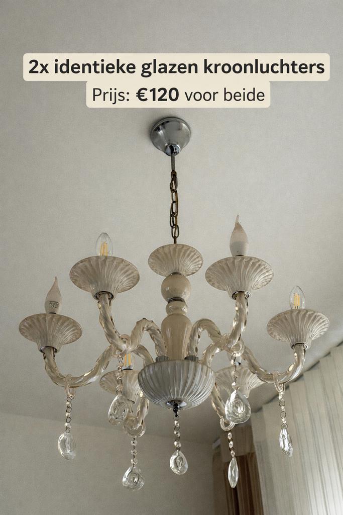 2x identieke glazen kroonluchters, Ophalen, Zo goed als nieuw