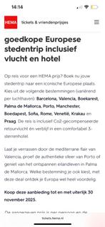 3 vouchers voor een 4 daagse stedentrip HEMA, Tickets en Kaartjes, Hotelbonnen, Drie personen of meer, 3 overnachtingen of meer