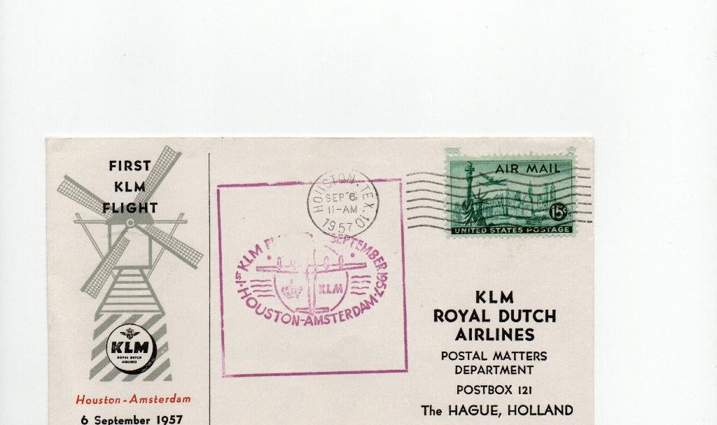 KLM.  1e vlucht Houston - Amsterdam 6 september 1957., Ophalen of Verzenden, Envelop