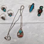 Navajo Zilveren Sieraden Set met Turquoise & Koraal, Nieuw, Ophalen of Verzenden, 17 tot 18, Dame of Heer