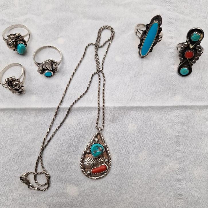 Navajo Zilveren Sieraden Set met Turquoise & Koraal, Sieraden, Tassen en Uiterlijk, Ringen, Nieuw, Dame of Heer, 17 tot 18, Zilver