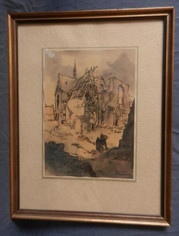 Aquarel en krijt Verwoeste Kerk Herman Moerkerk (1879-1949) beschikbaar voor biedingen