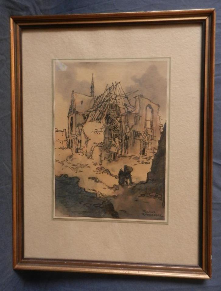 Aquarel en krijt Verwoeste Kerk Herman Moerkerk (1879-1949), Antiek en Kunst, Kunst | Tekeningen en Foto's, Ophalen of Verzenden