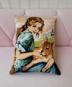 vintage kelim kussenhoes hert, retro geborduurd kussen ree, Ophalen of Verzenden, Nieuw, Blauw, Vierkant