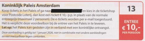 Koninklijk Paleis Amsterdam entree €10,- per persoon. Bon 13, Tickets en Kaartjes, Musea, Twee personen, Kortingskaart