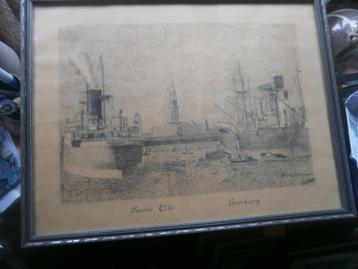 Potloodtekening Noorder Elbe, Hamburg in lijstje  beschikbaar voor biedingen