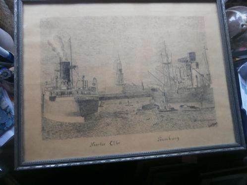 Potloodtekening Noorder Elbe, Hamburg in lijstje, Antiek en Kunst, Kunst | Tekeningen en Foto's, Ophalen