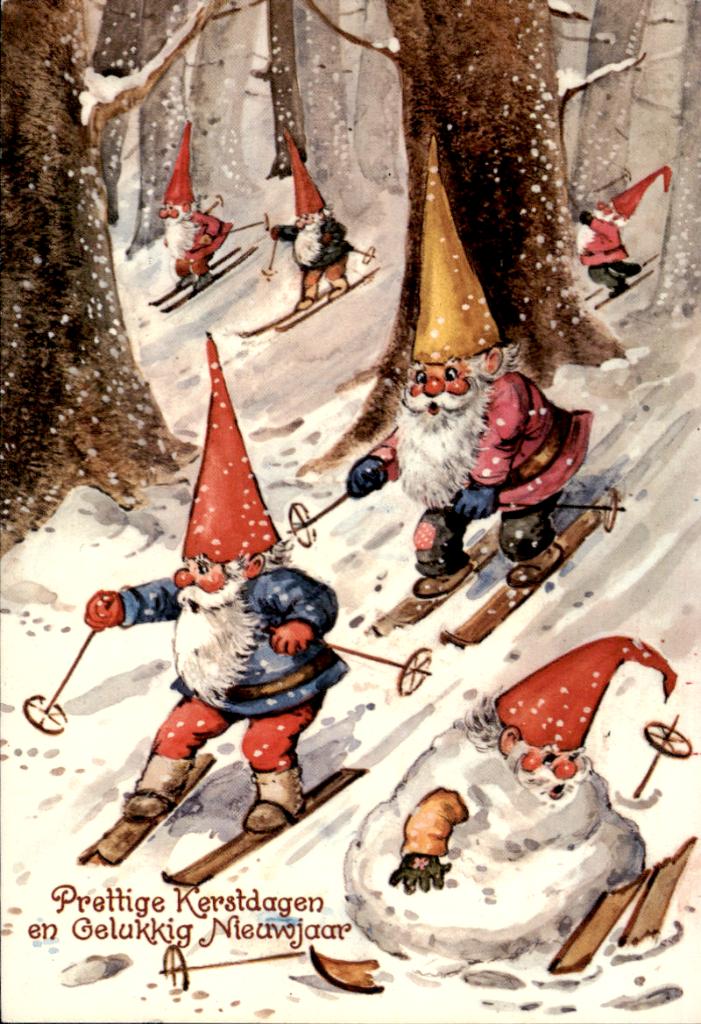 kabouters op ski's, kerstkaart, Verzamelen, Ansichtkaarten | Themakaarten, Ophalen of Verzenden, 1980 tot heden, Gelopen, Feest(dag)