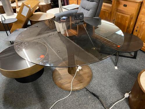 Tafel rond bluin smoke glas met mangohout poot hoge korting, Huis en Inrichting, Tafels | Eettafels, Nieuw, 100 tot 150 cm, 100 tot 150 cm