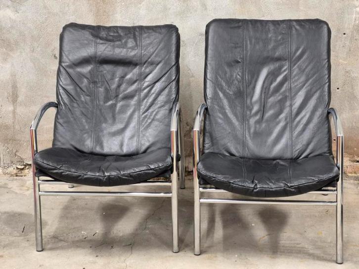 2 prachtige design fauteuils zwart leer chroom bauhaus style, Huis en Inrichting, Fauteuils, Gebruikt, Leer, Metaal, 50 tot 75 cm