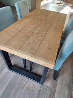 Eettafel industriel met staal en steigerhout en stoelen, Zo goed als nieuw, Vijf personen of meer, Rechthoekig, 50 tot 100 cm