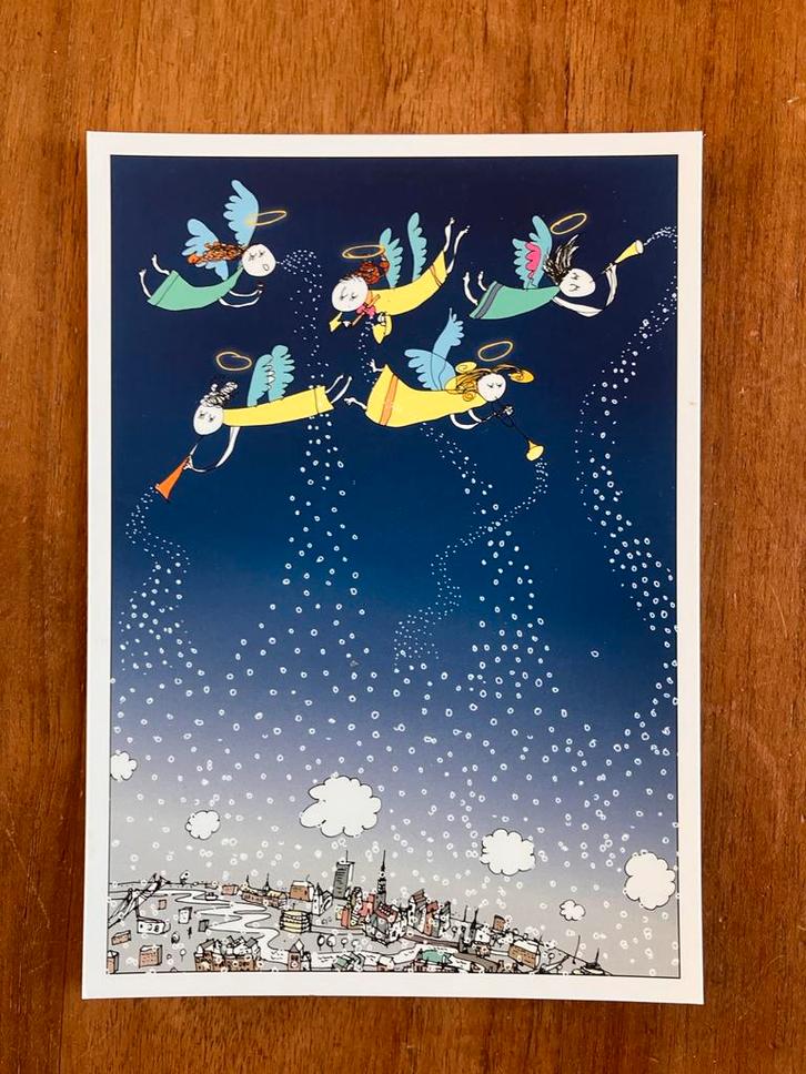 Vintage Kerstkaart - Engelen boven de stad, Diversen, Kerst, Nieuw, Ophalen of Verzenden