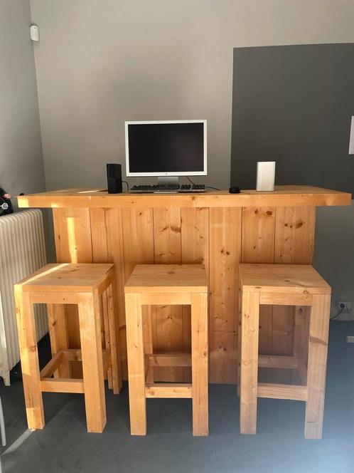 Houten Bar met 3 Krukken, Huis en Inrichting, Barren, Gebruikt, Inclusief barstoelen, Ophalen of Verzenden