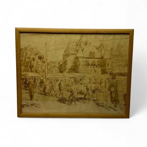 Sepia tekening op papier, Antiek en Kunst, Kunst | Tekeningen en Foto's, Ophalen of Verzenden