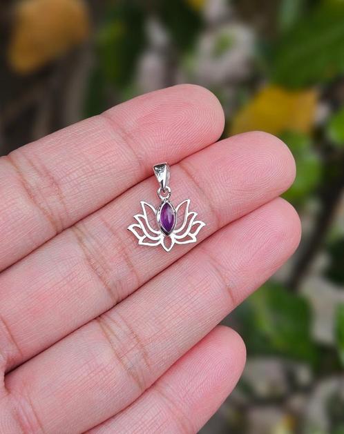 Amethist Lotus Hanger - Echt Zilver, Sieraden, Tassen en Uiterlijk, Kettinghangers, Nieuw, Zilver, Zilver, Overige voorstellingen