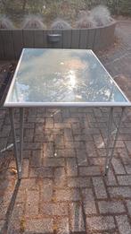 Glazen Eettafel met Metalen Poten, Ophalen, Gebruikt, 100 tot 150 cm, 50 tot 100 cm