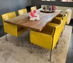 6 Gele Lederen Fauteuils op Wieltjes, Ophalen, Gebruikt, Minder dan 75 cm, Leer