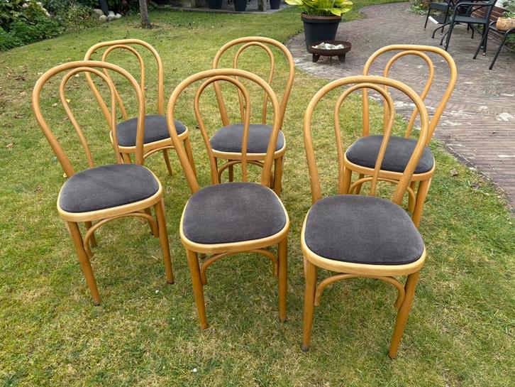 Mooie en stevige eetkamer stoelen, Thonet stijl. Zes stuks, Huis en Inrichting, Stoelen, Vijf, Zes of meer stoelen, Stof, Bruin