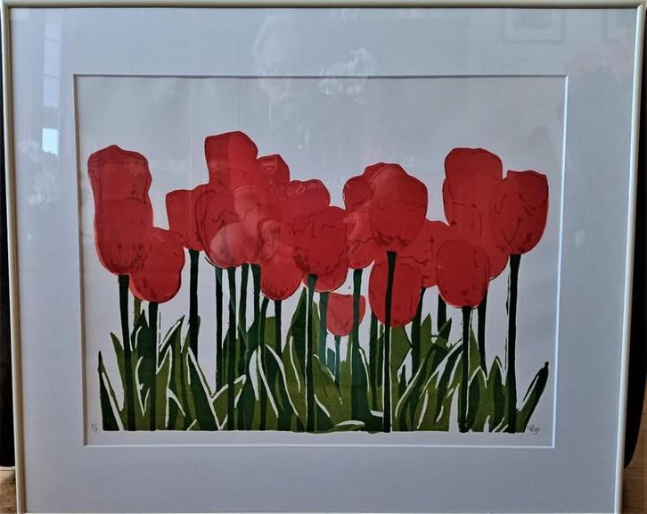 AQUAREL MET RODE TULPEN IN EEN OMLIJSTING 73.0 X 60.5 CM, Antiek en Kunst, Kunst | Schilderijen | Klassiek, Ophalen of Verzenden