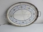 Dienblad, antiek metalen rand met tegel ovaal, Ophalen of Verzenden, Ovaal, Minder dan 50 cm, Minder dan 100 cm