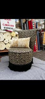 Unieke opbergpoef in luipaard print met franjes, Minder dan 50 cm, Rond, Minder dan 50 cm, Ophalen of Verzenden