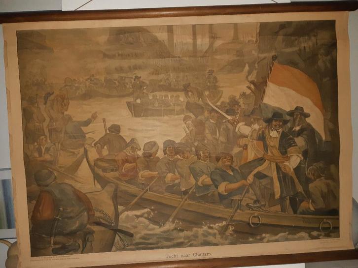 Schoolplaat Tocht naar Chattam, 1667, Antiek en Kunst, Antiek | Schoolplaten, Geschiedenis, Ophalen