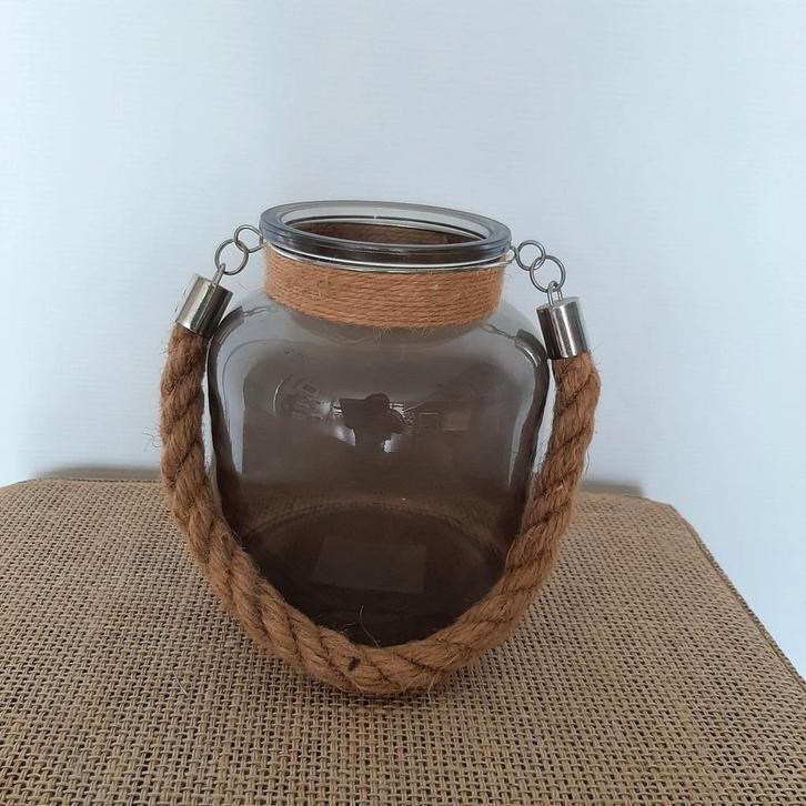 Windlicht van gerookt glas met touw, Huis en Inrichting, Woonaccessoires | Vazen, Zo goed als nieuw, Overige kleuren, Minder dan 50 cm