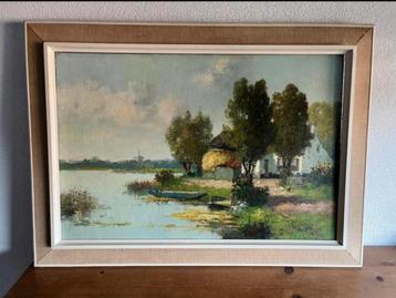 Mooi oud schilderij van een boerderij aan het water beschikbaar voor biedingen