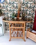 Vintage Rotan Bamboe Tafel met Rookglas, Huis en Inrichting, Tafels | Eettafels, 50 tot 100 cm, Zo goed als nieuw, Tot twee personen