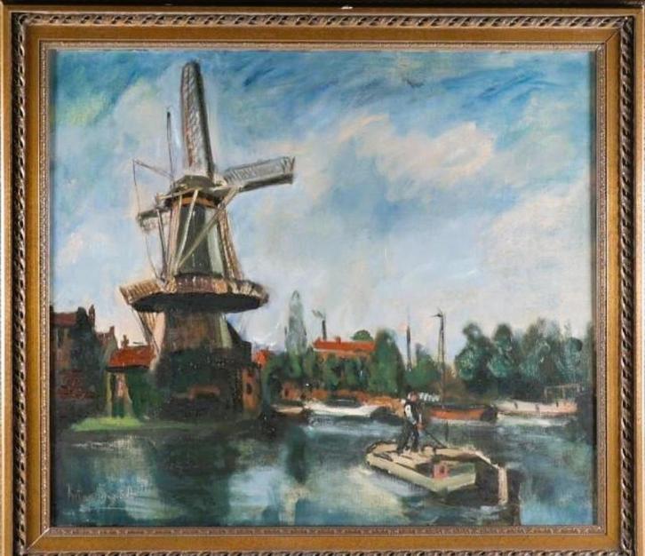 Piet van Wijngaerdt 1873-1964. Spaarne te Haarlem met molen, Antiek en Kunst, Kunst | Schilderijen | Klassiek, Verzenden