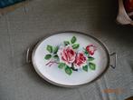 ANTIEK BROCANTE PORSELEIN ROZEN DIENBLAD- METAAL RAND, Ophalen of Verzenden