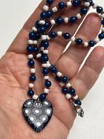 Blauwe kralen ketting + Murano hartvormige millefiori hanger, Sieraden, Tassen en Uiterlijk, Antieke sieraden, Ophalen of Verzenden