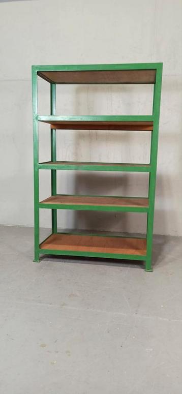 Vintage metaal en hout stellingkast, groen, industriël beschikbaar voor biedingen
